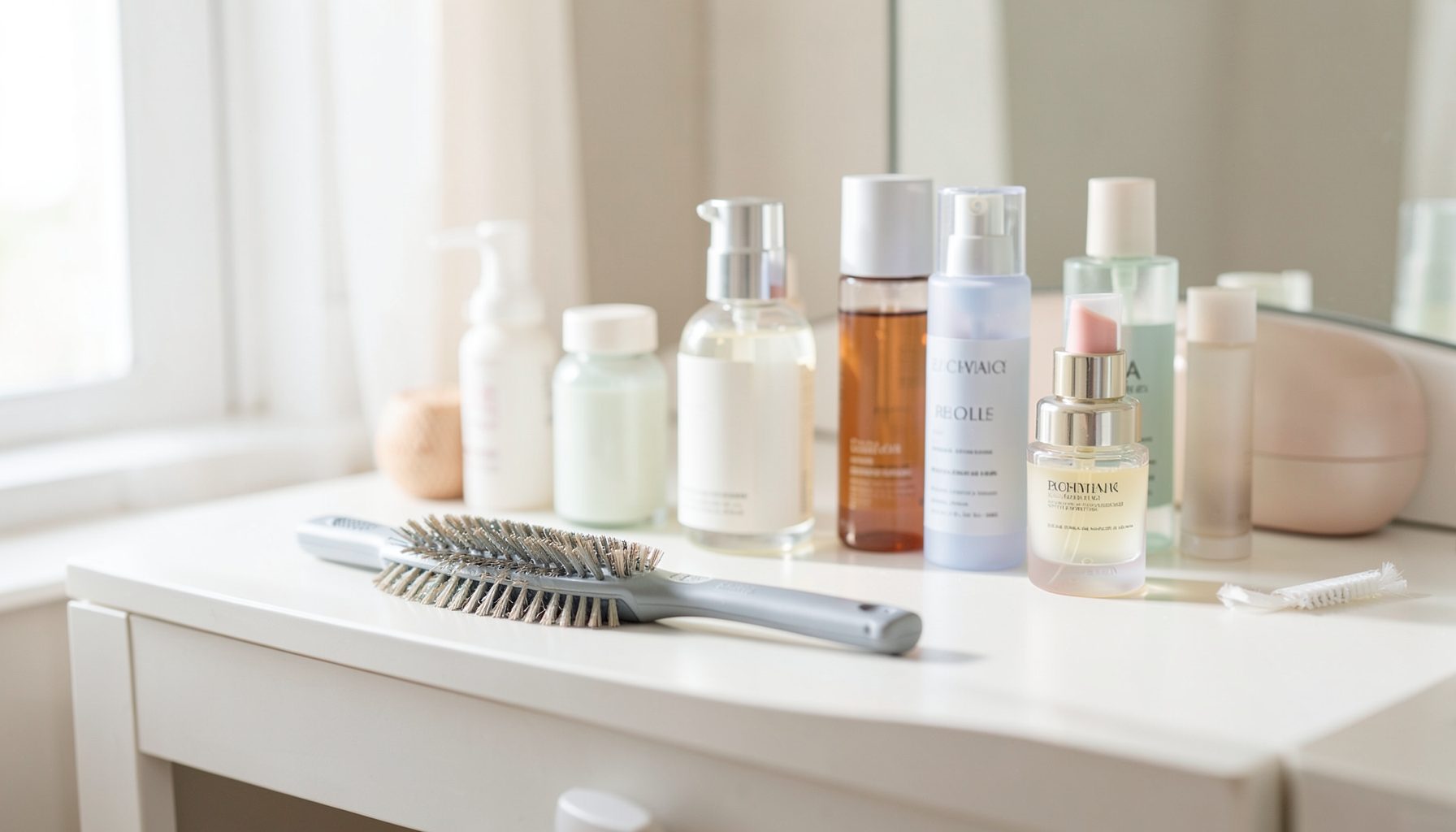 Escova de cabelo e frascos de produtos sobre penteadeira clara, luz natural suave, atmosfera de rotina de beleza
