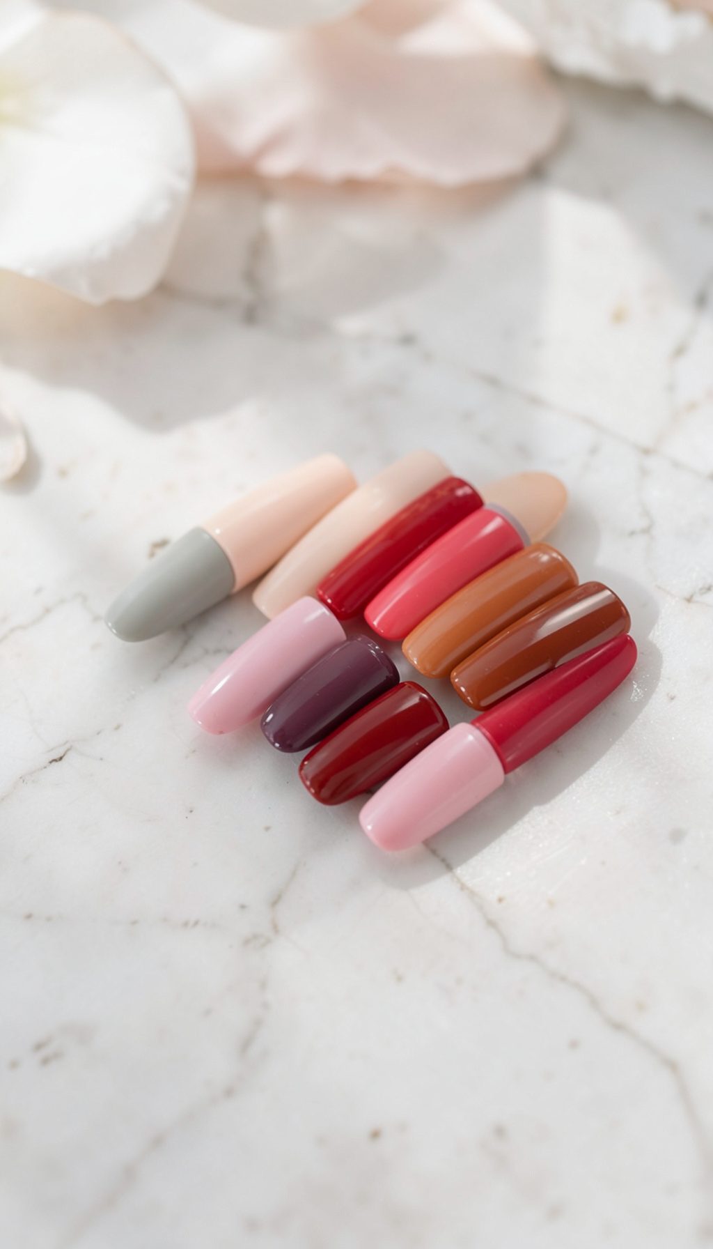 Esmaltes coloridos alinhados sobre mármore claro com luz natural suave, paleta de rosas, vermelhos e nudes