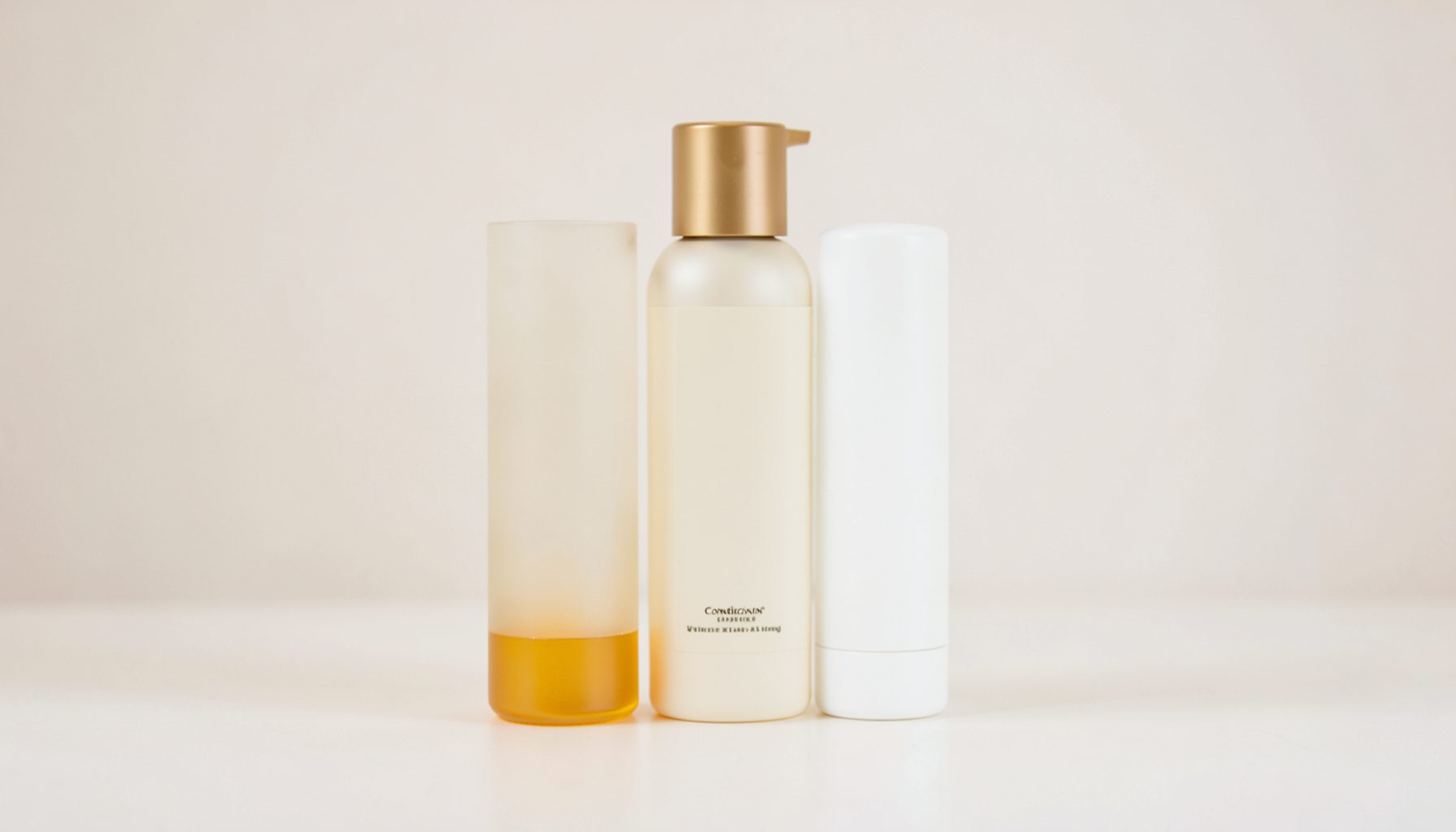 Frasco de shampoo e condicionador em superfície clara, tons de dourado e branco, iluminação suave