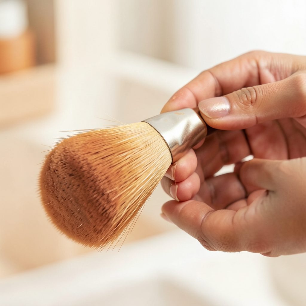 Mãos aplicando pó bronzeador com pincel grande e macio, tons quentes de terracota e dourado, fundo desfocado em creme