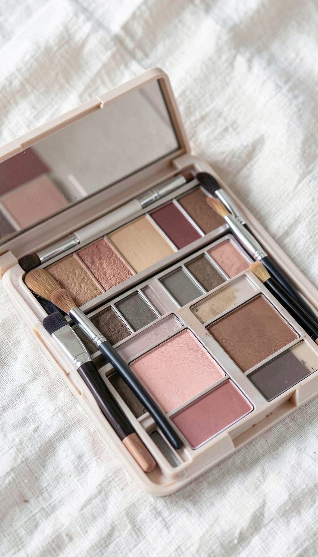 Necessaire de maquiagem aberta revelando pincéis e paletas de sombras em tons terrosos e rosados, sobre tecido de linho claro