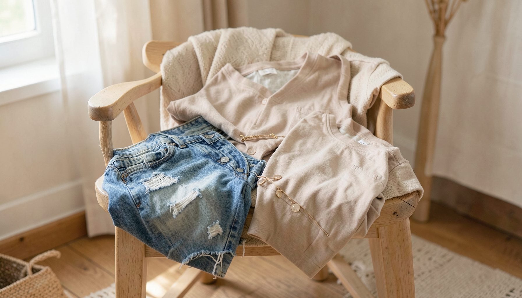 Roupas femininas dispostas sobre uma cadeira de madeira clara, com jeans destroyed, blusa neutra e acessórios delicados, atmosfera de estilo pessoal