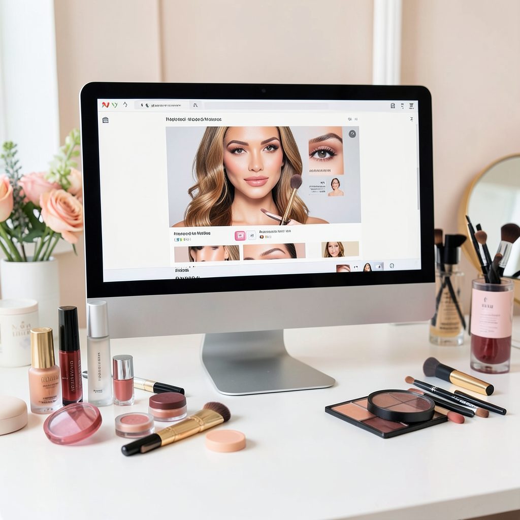 Tela de computador exibindo tutorial de maquiagem, cercada por produtos de beleza espalhados sobre mesa clara, atmosfera criativa