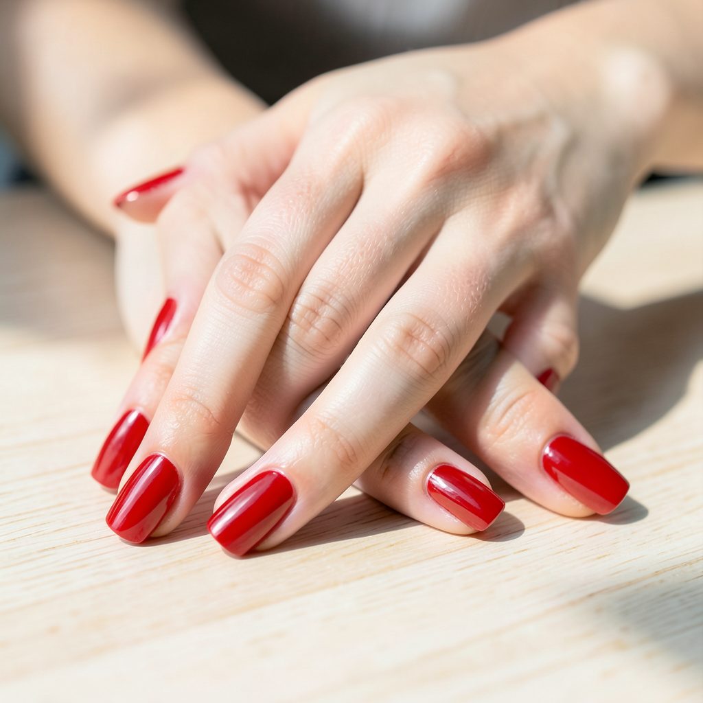 Unhas pintadas com esmalte vermelho intenso, mãos apoiadas sobre superfície de madeira clara, luz natural destacando o brilho.
